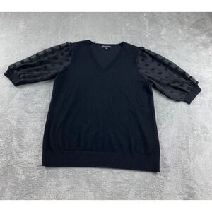 Adrianna Papell Womens Black V Neck Sweater Mesh Dot Puff Sleeve Size S